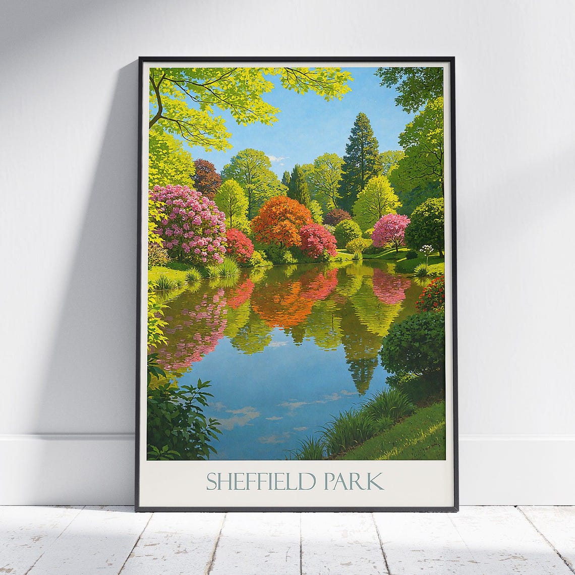 Sheffield Park Lake Mirrored Spring Blossom Trees Garden Poster