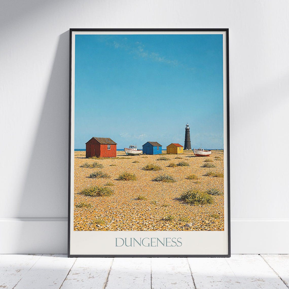 Dungeness Travel Poster Uk Coastal Art Print Lighthouse Fishing Huts Wall Decor British Seaside Gift