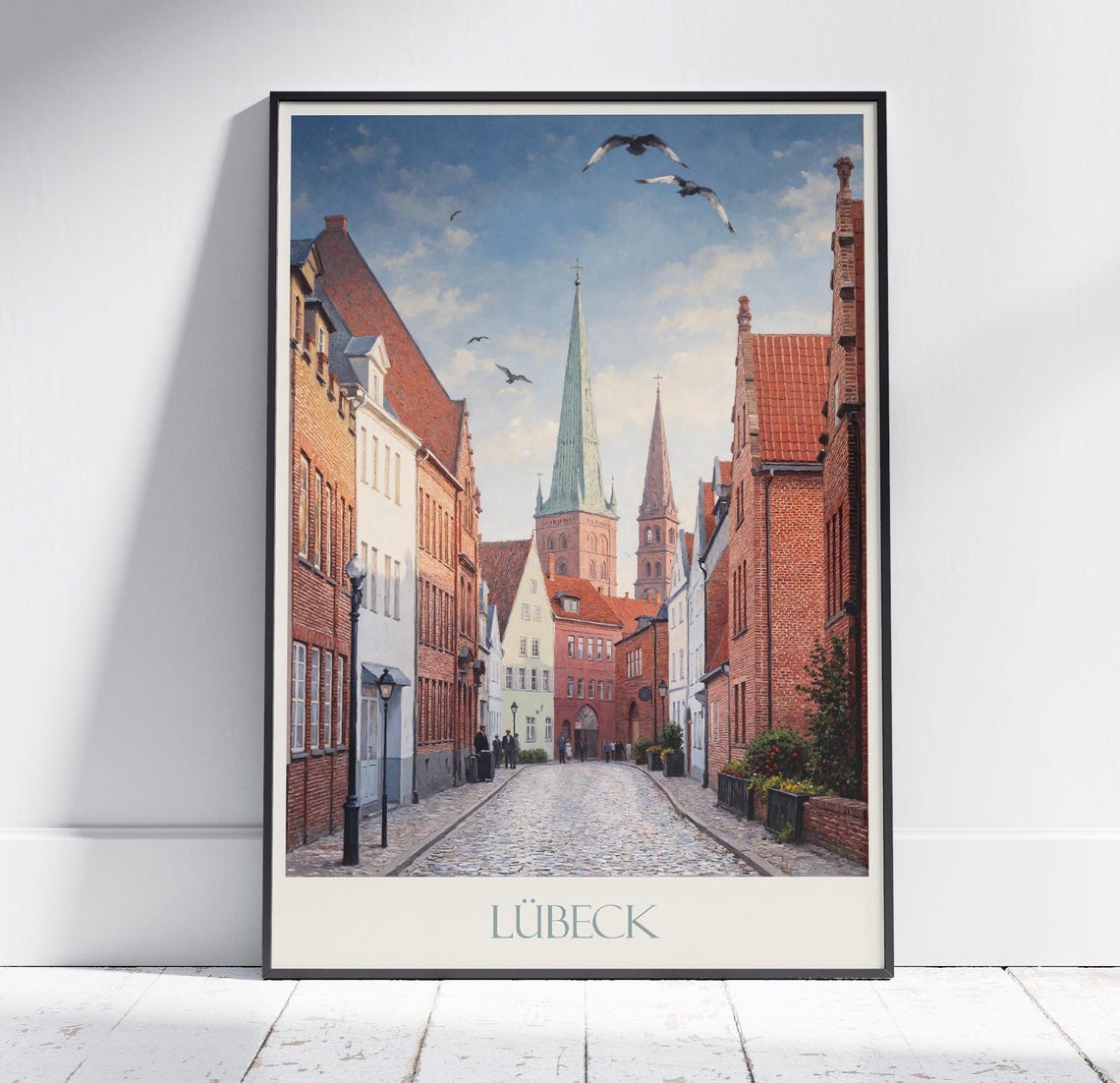 Lubeck Germany Cobblestone Street Brick Buildings Spires Travel Poster