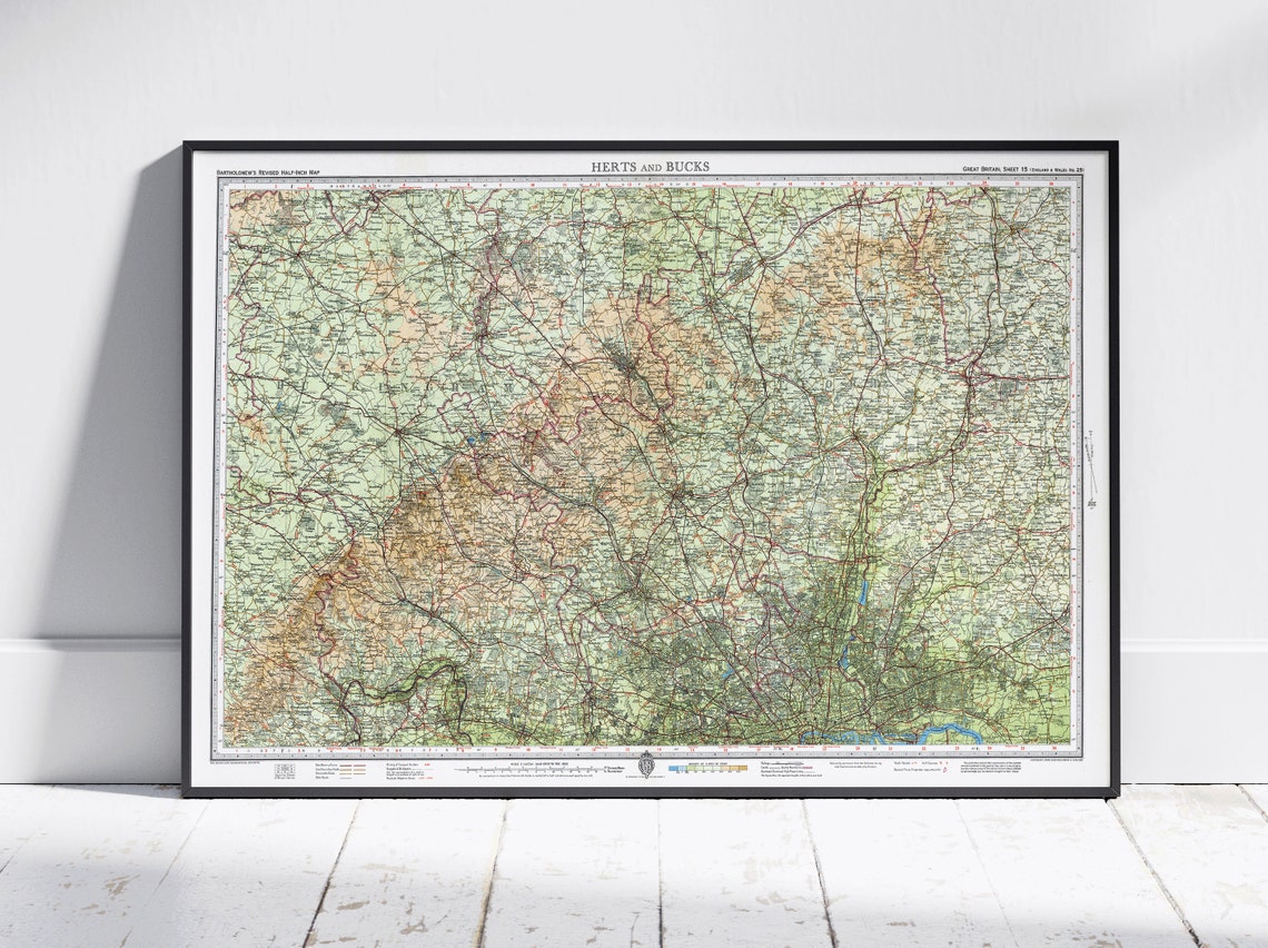 Hertfordshire Buckinghamshire Vintage Bartholomew Map Wall Art