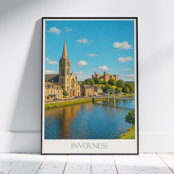 Inverness Scotland Riverside Cathedral and Castle Vintage Travel Poster