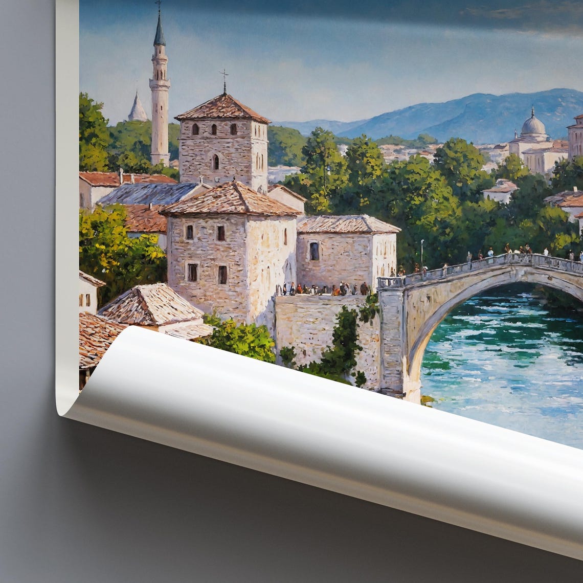 Mostar Bosnia Stari Most Old Bridge River Painted Travel Poster - Image 2