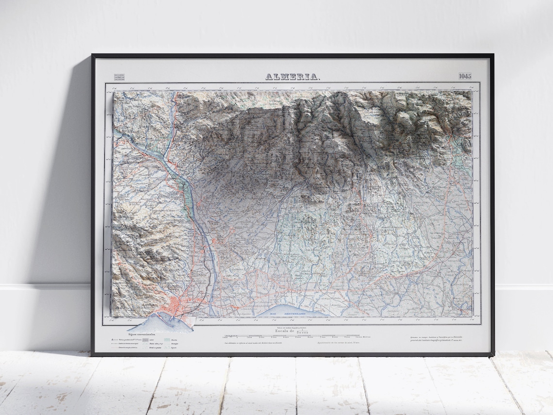 Almeria Spain Vintage Shaded Relief Atlas Topographic Map Poster