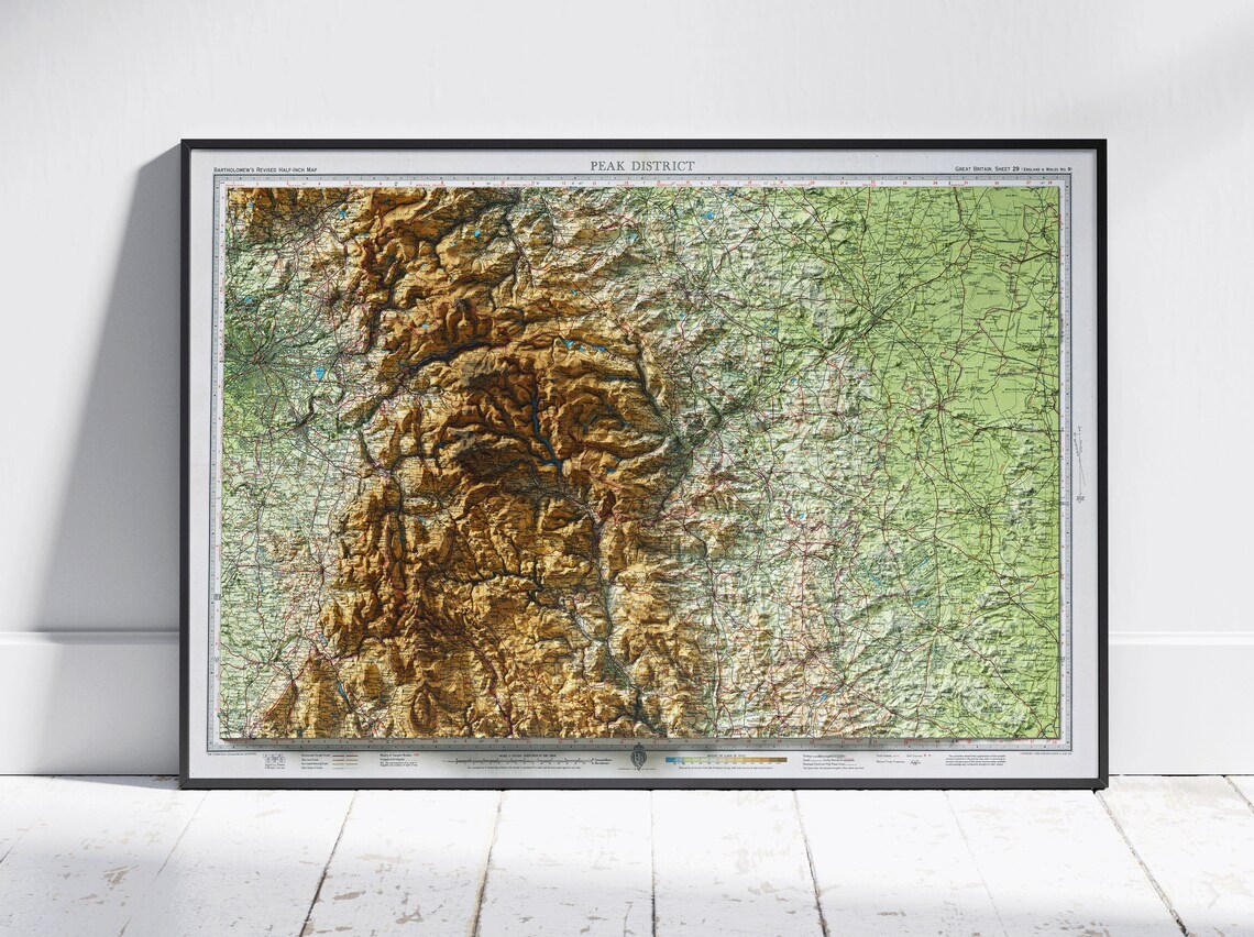 Peak District Shaded Vintage Map Flat 2d Print Poster Wall Art Decor