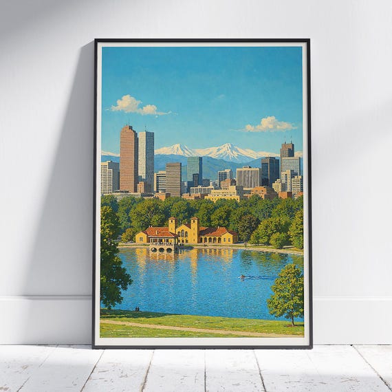 Denver Colorado Travel Poster City Park Lake Art Print Rocky Mountains View Wall Decor Cityscape Personalized Vacation Gift