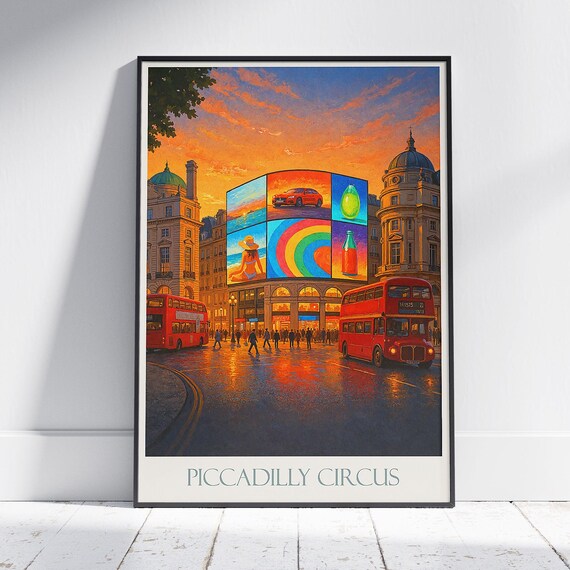Piccadilly Circus London Poster Sunset With Red Double Decker Buses