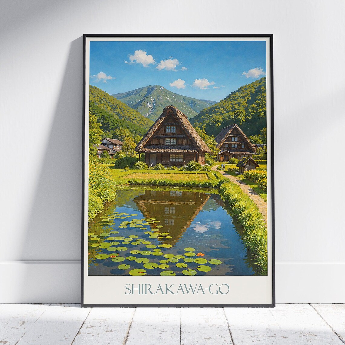 Shirakawa-go Gassho Farmhouse Pond Reflection Vintage Travel Poster