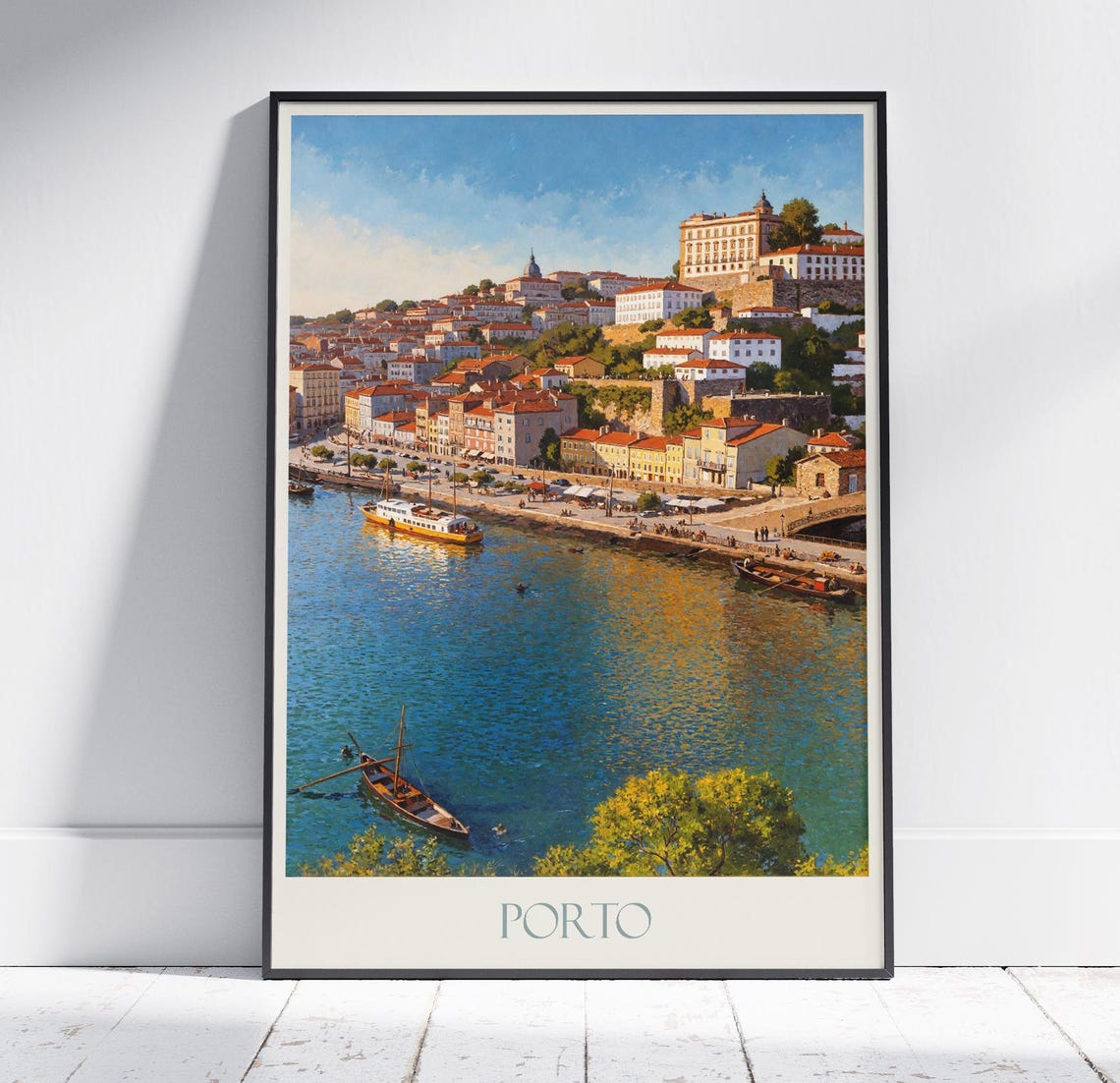 Porto Portugal Douro Riverfront Rabelo Boats Painted Travel Poster