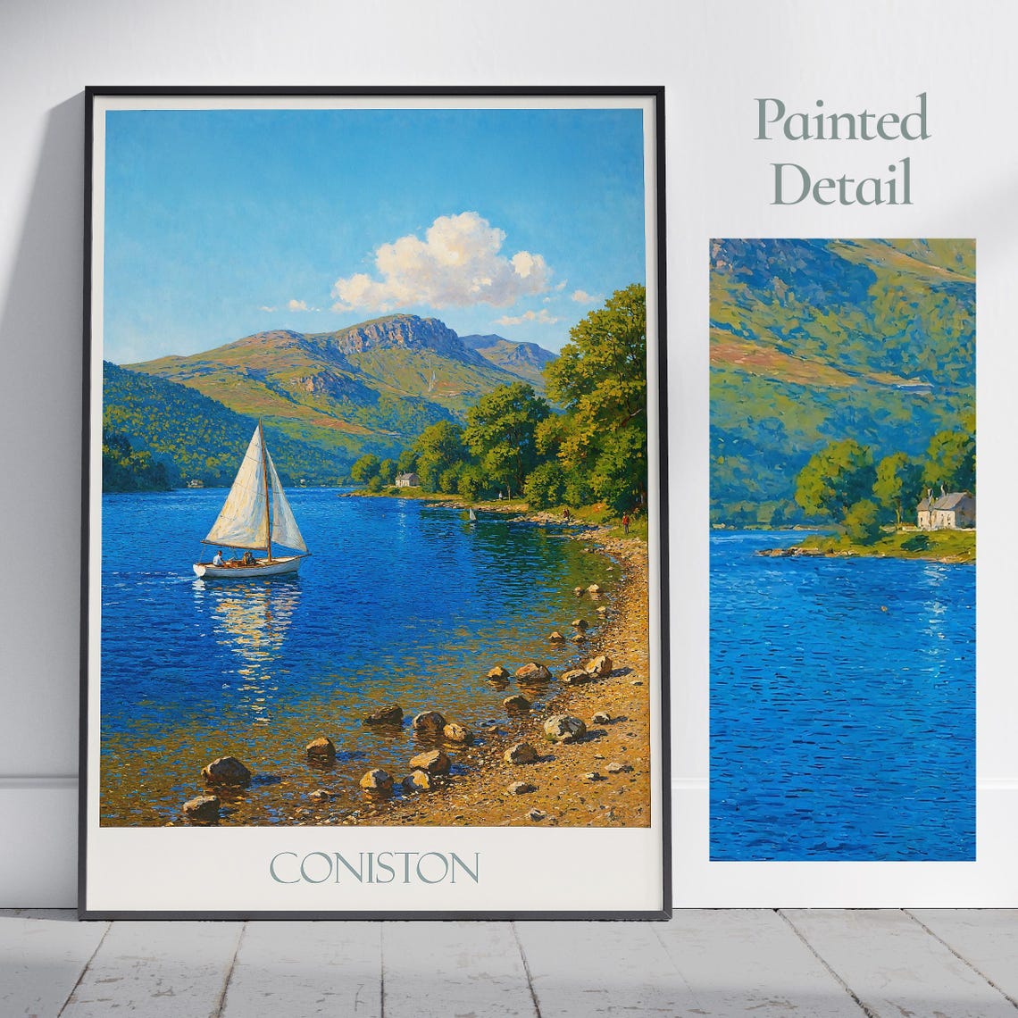 Coniston Water Sailboat on the Lake Shore Scene Painted Art Poster