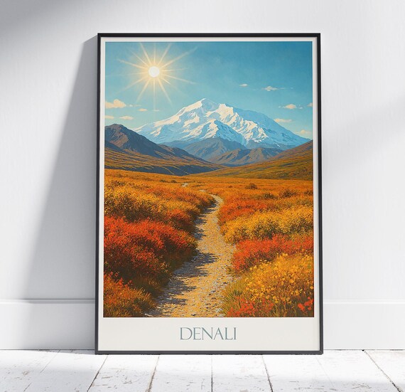 Denali Alaska Vintage Sunburst Autumn Trail Snow Peak Retro Travel Poster