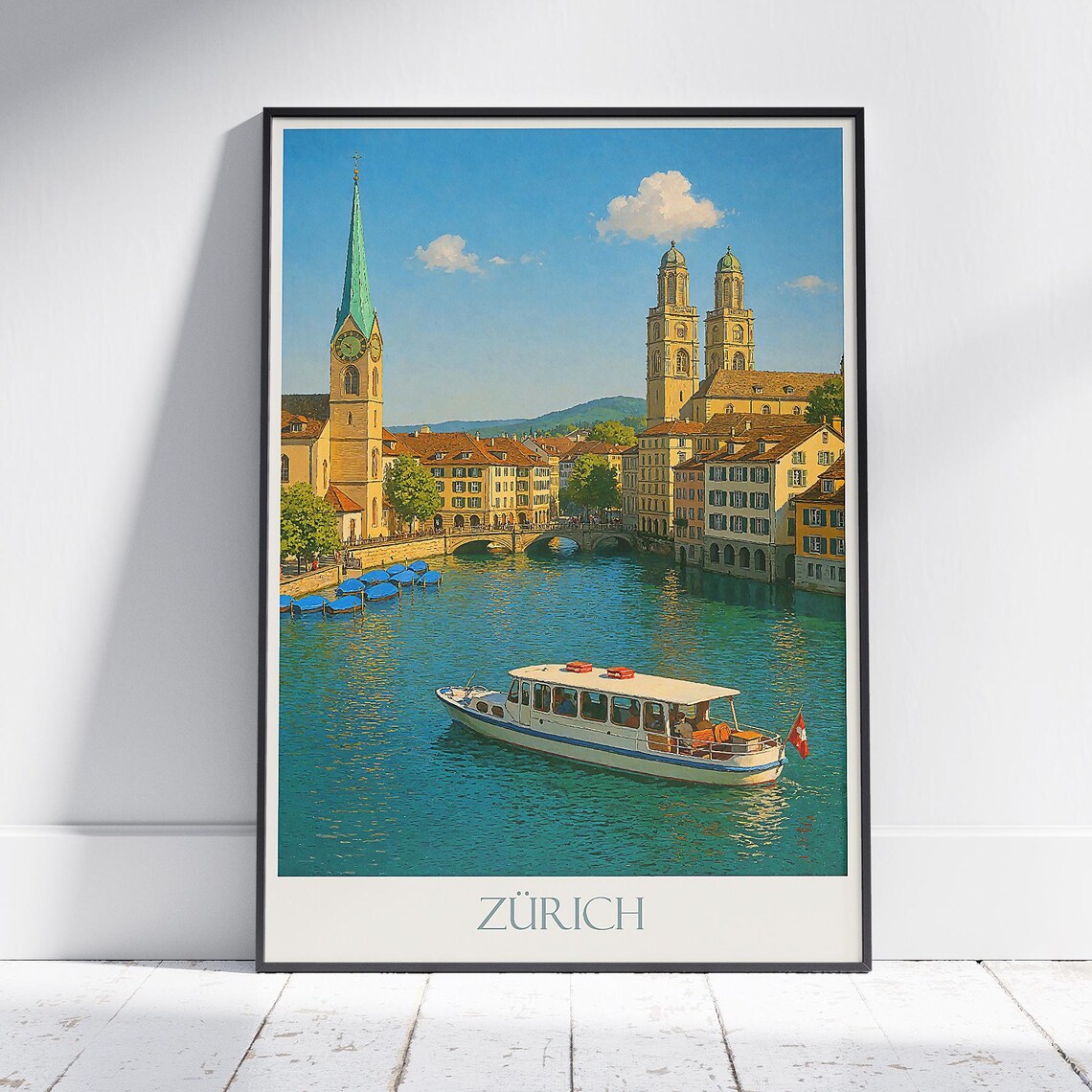 Zürich Switzerland Limmat River Old Town Vintage Travel Poster