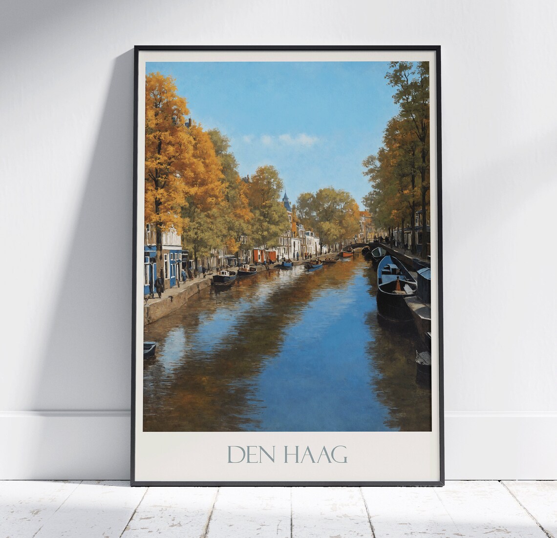 Den Haag Canal Autumn Painted Boats Reflections Netherlands Poster