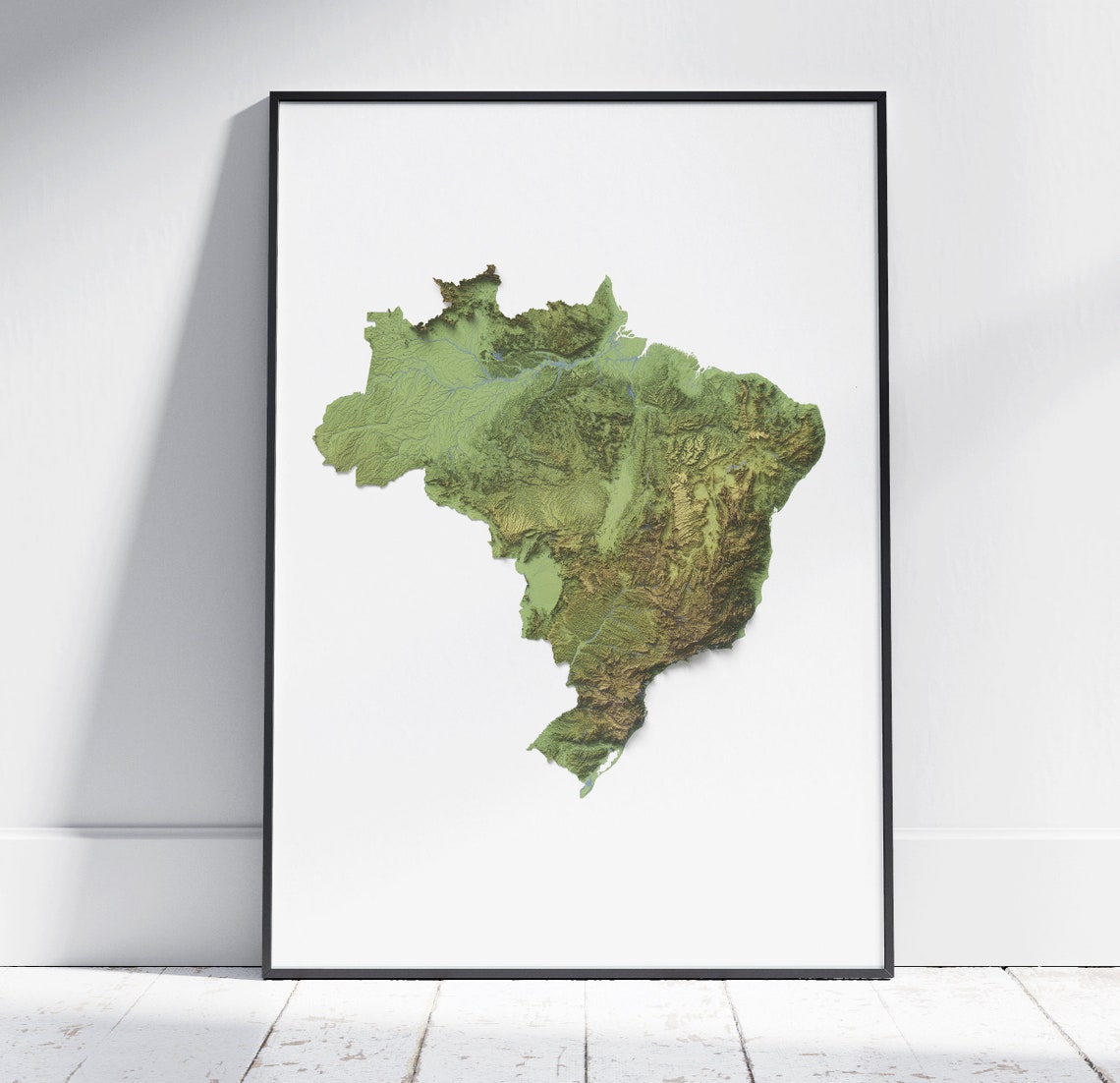 Brazil Shaded Relief Topographic Map Modern Green Country Wall Art
