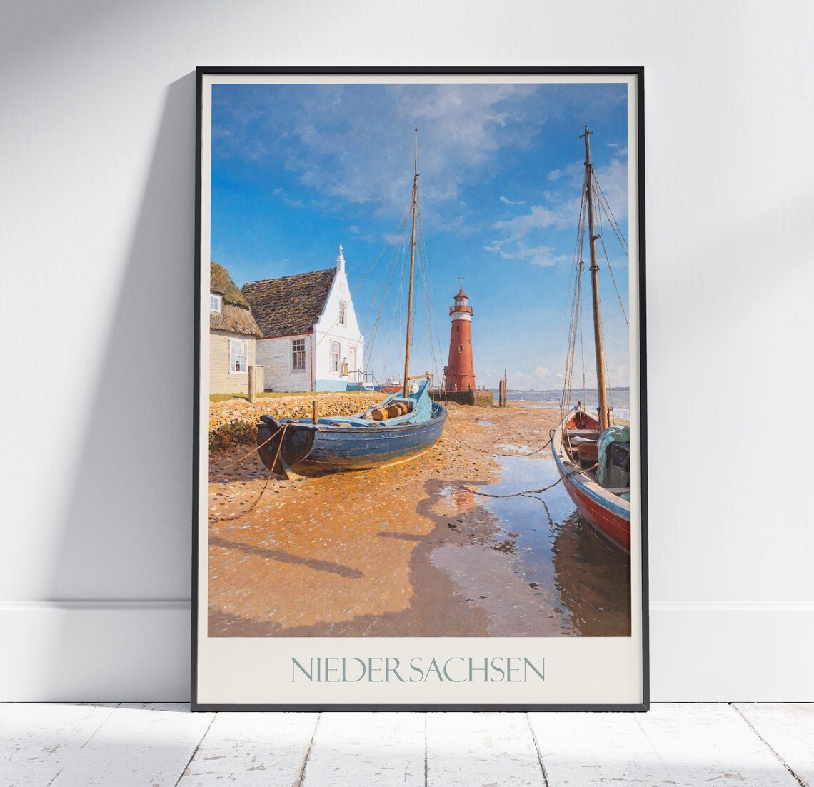 Niedersachsen Germany Coast Red Lighthouse Fishing Boats Travel Poster