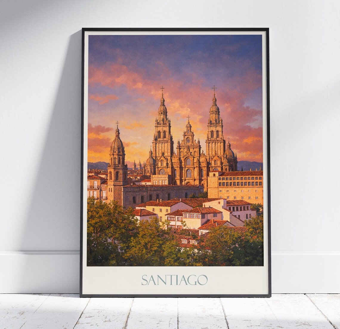 Santiago Cathedral Sunset Twin Towers Golden Sky Travel Poster