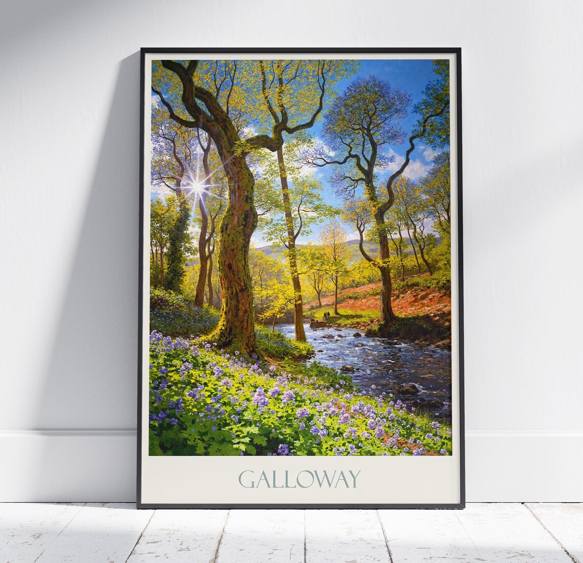 Galloway Bluebell Forest River Sunlit Scotland Travel Poster Art