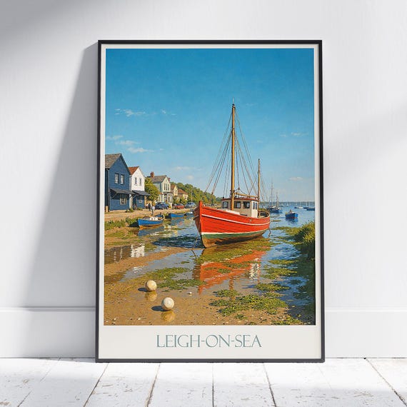 Leighonsea Travel Poster Essex England Charming Coastal Village Art Print Nautical Fishing Boat Wall Decor