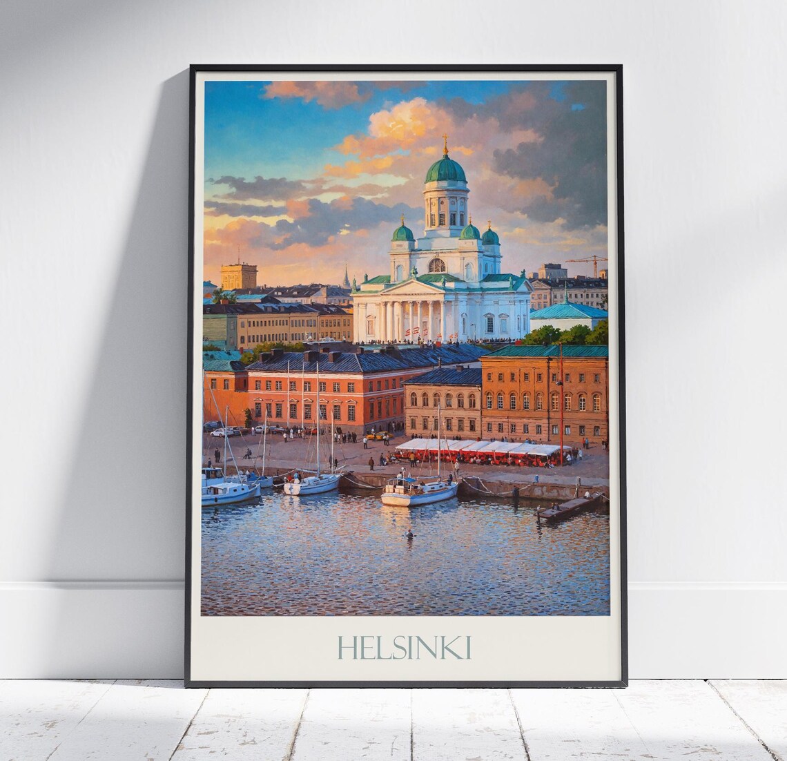 Helsinki Finland Harbor and Cathedral Painted Nordic Travel Poster