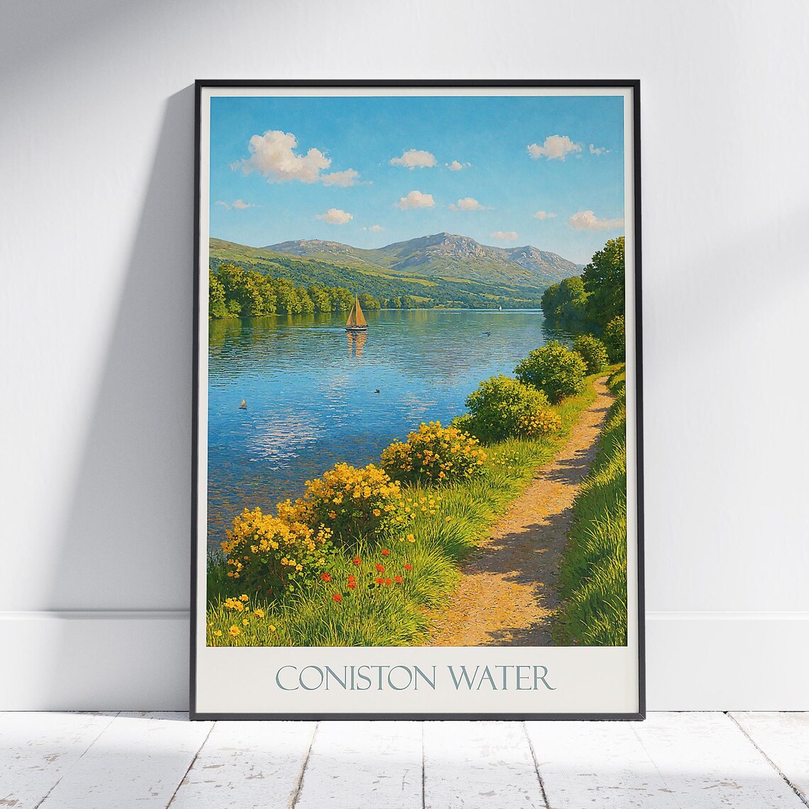 Coniston Water Lake District Sailboat Painted Travel Tranquil Poster