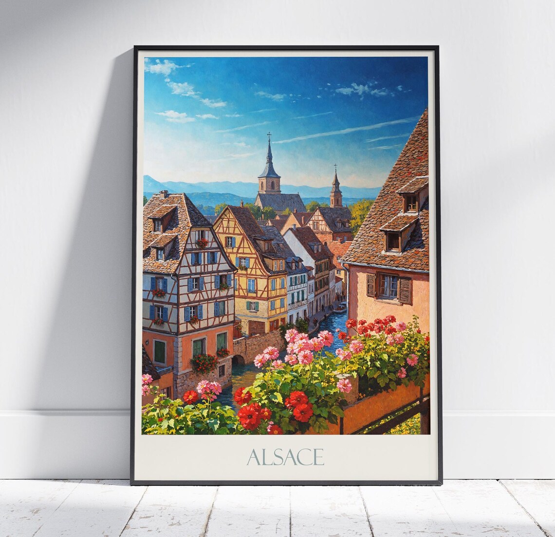 Alsace France Painted Travel Poster Half Timbered Village Canal