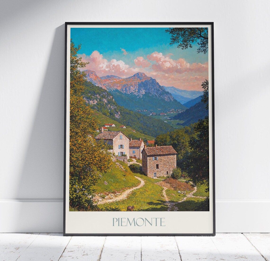 Piedmont Stone Farmhouses Mountain Green Valley Italy Travel Poster