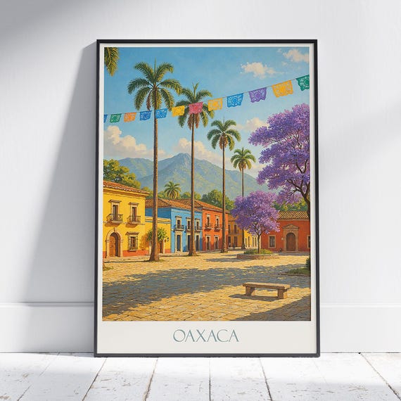 Oaxaca Mexico Travel Poster Vibrant Plaza Art Print Colorful Colonial City Wall Decor Jacaranda Tree Gift
