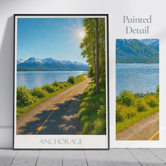Anchorage Alaska Lakeside Mountain Road Scenic Summer Travel Poster