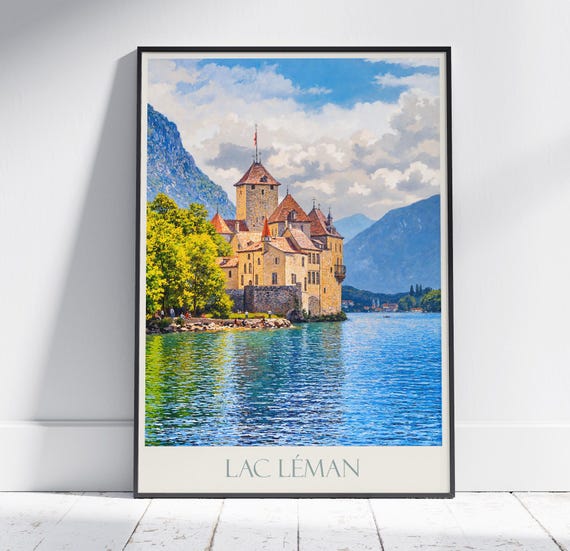 Lake Geneva Travel Print Chillon Castle Travel Poster Wall Art Home Decor Switzerland Personalized Gift Painting Framed