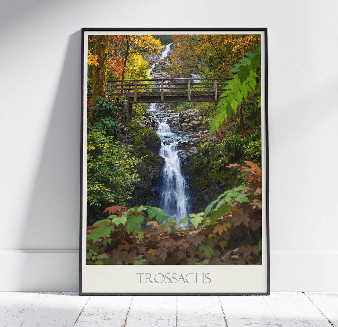 Trossachs Waterfall Wooden Bridge Autumn Forest Scotland Poster