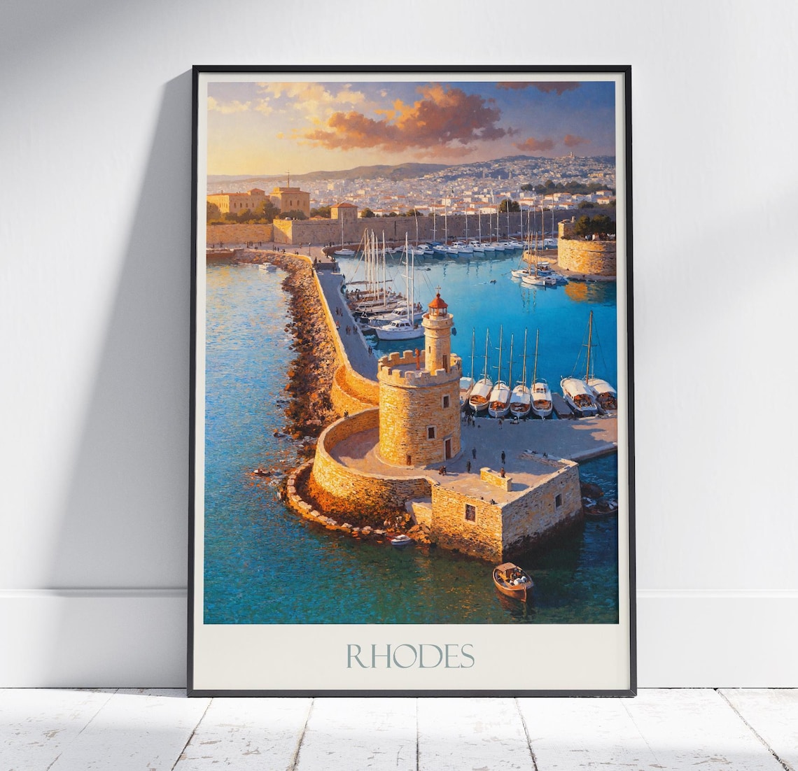 Rhodes Harbor Fortress Lighthouse Sunset Painted Greece Travel Poster