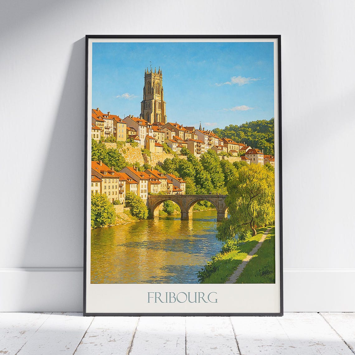 Fribourg Switzerland Cathedral Over River Sarine Bridge Poster