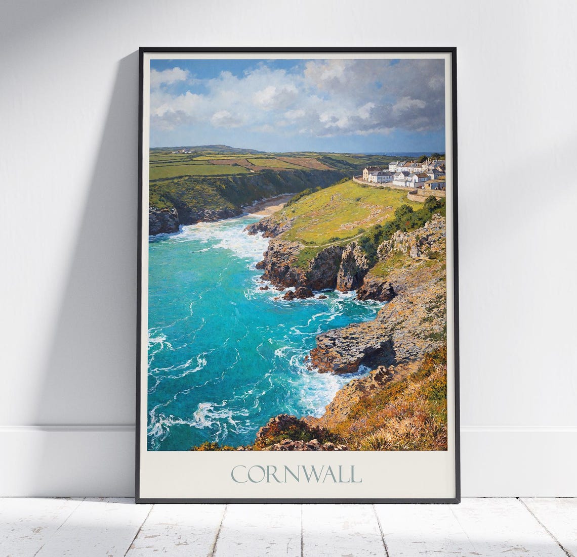 Cornwall England Rugged Cliffs and Village Turquoise Sea Poster
