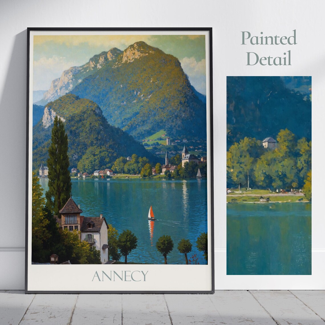 Annecy France Turquoise Alpine Lake Sailboat Painted Travel Poster
