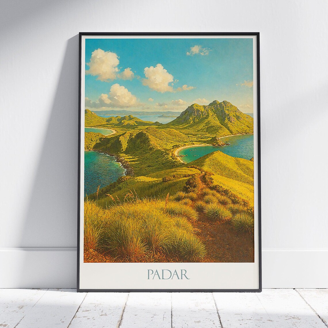 Padar Island Indonesia Green Rolling Hills Bay Vintage Travel Poster