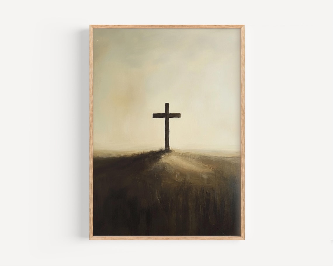 Cross On Hill Minimalist Oil Painting, Christian Art Print