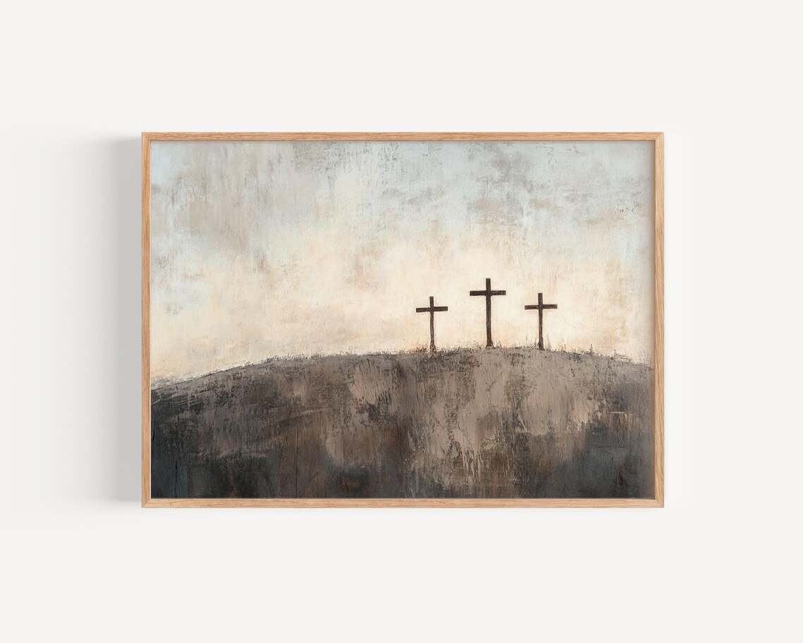 Three Crosses on Calvary Vintage Oil Painting