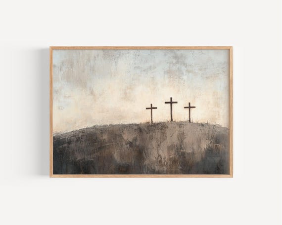 Three Crosses on Calvary Vintage Oil Painting