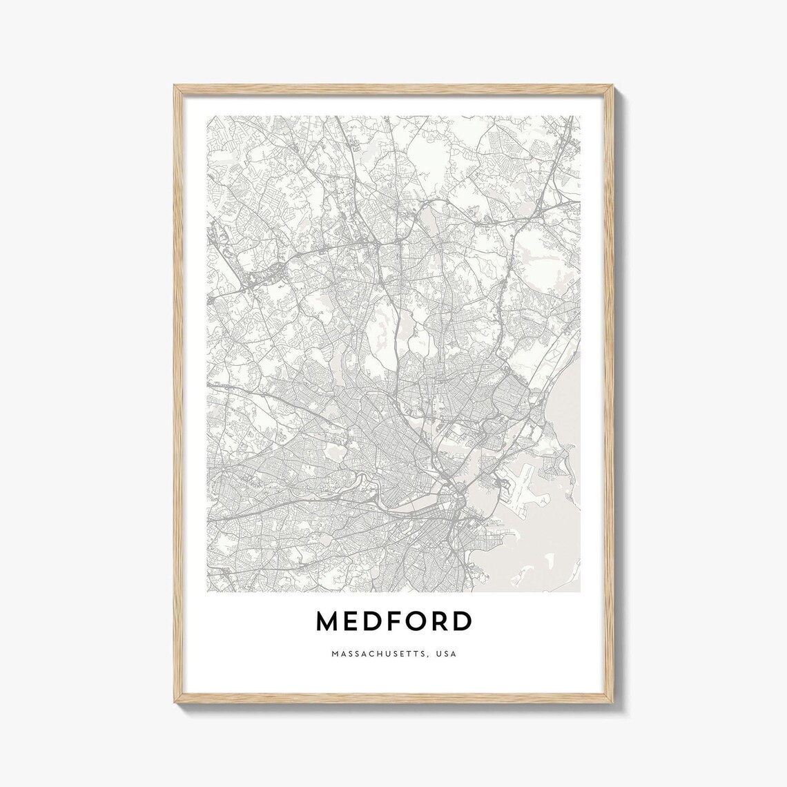 Modern Medford Massachusetts Monochrome City Street Map Poster