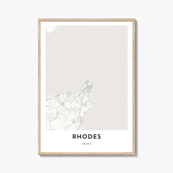Rhodes Greece Minimalist White Island Coastline Map Art Poster