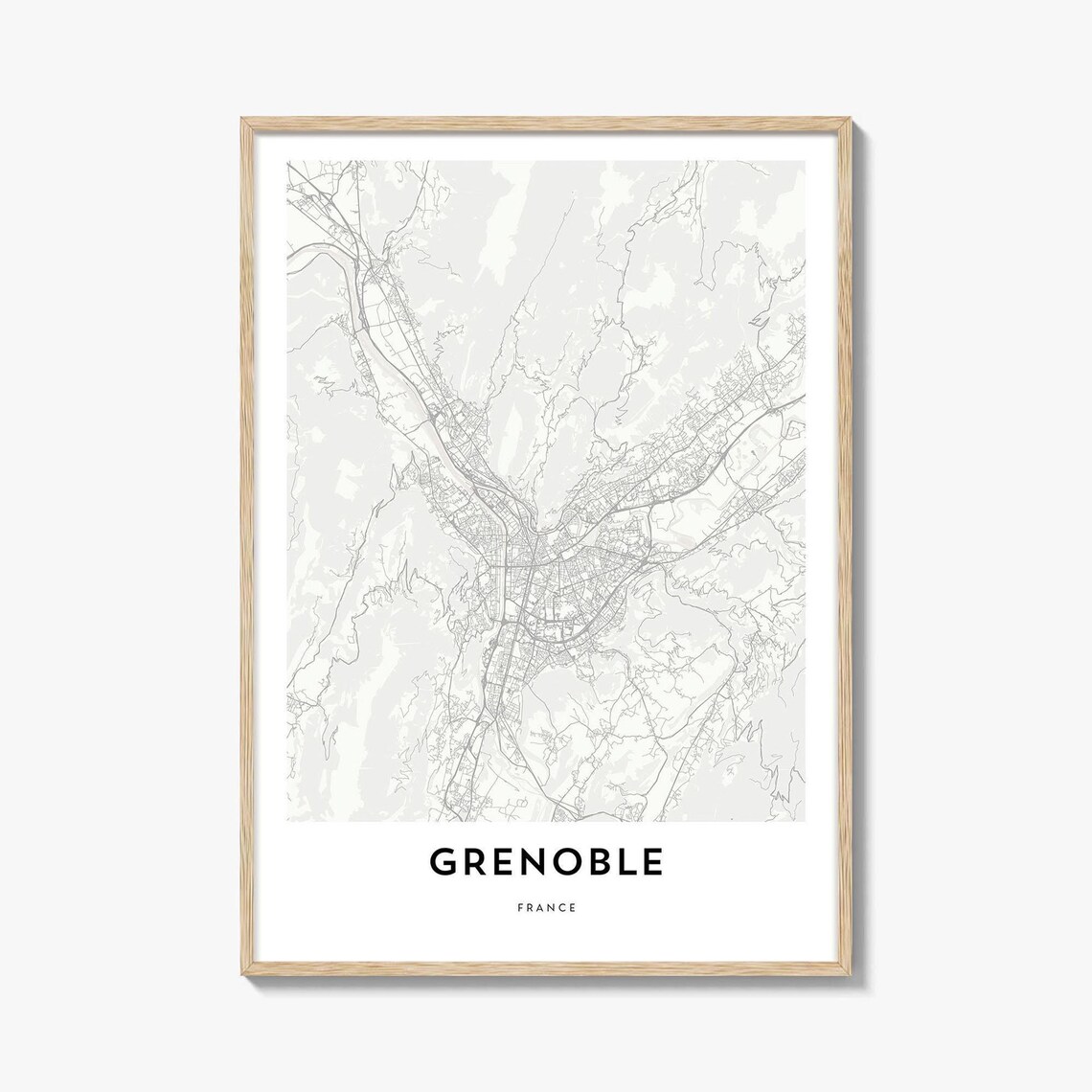 Grenoble France Minimalist White City Street Map Travel Poster