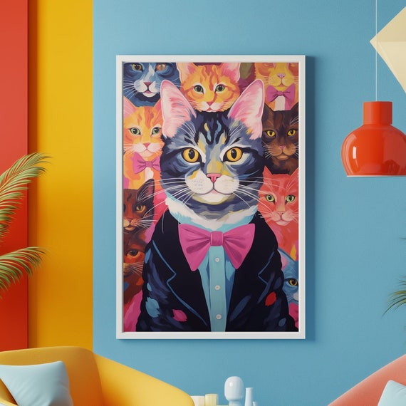 Quirky Cat Art Print Colorful Feline Wall Decor Bold Abstract Cat Eccentric Home Art Whimsical Cat Artwork Cat Print