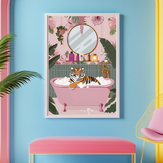 Tiger Relaxing in a Pink Bubble Bath Tropical Bathroom Poster