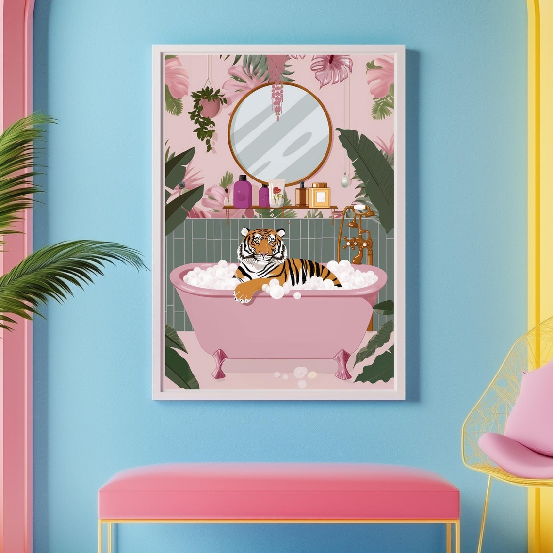 Tiger Relaxing in a Pink Bubble Bath Tropical Bathroom Poster