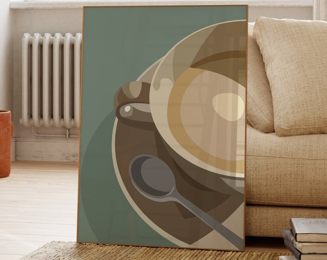 Abstract Coffee Cup Top View Art Print Sage Green Modern Kitchen Decor