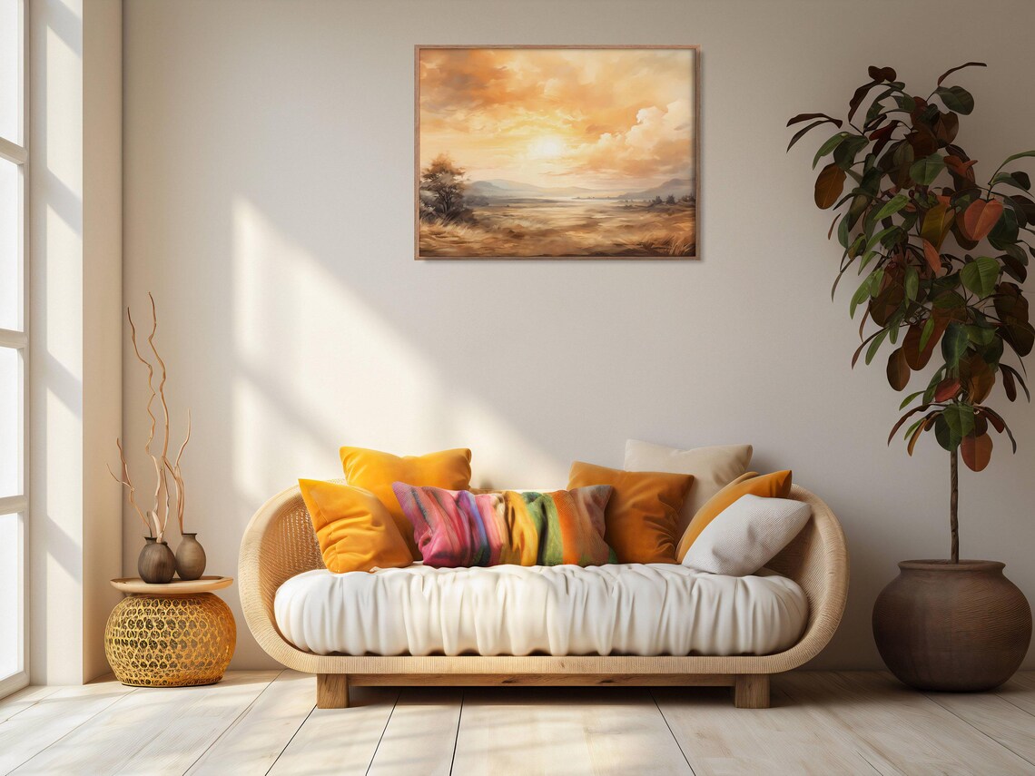 Golden Sunset Field With Solitary Tree Dramatic Clouds Oil Painting Wall Art - Image 2
