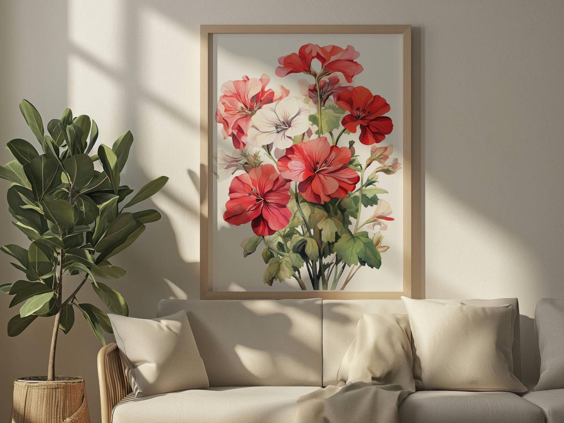 Red Geranium Clusters Fresh Summer Blooms Watercolor Art Poster - Image 2