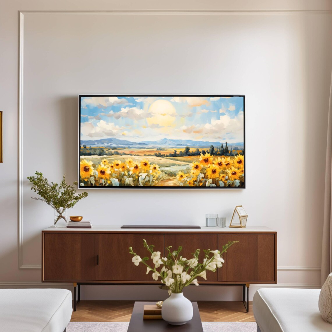 Sunflower Field With Distant Mountains Bright Summer Sky Landscape Poster - Image 2