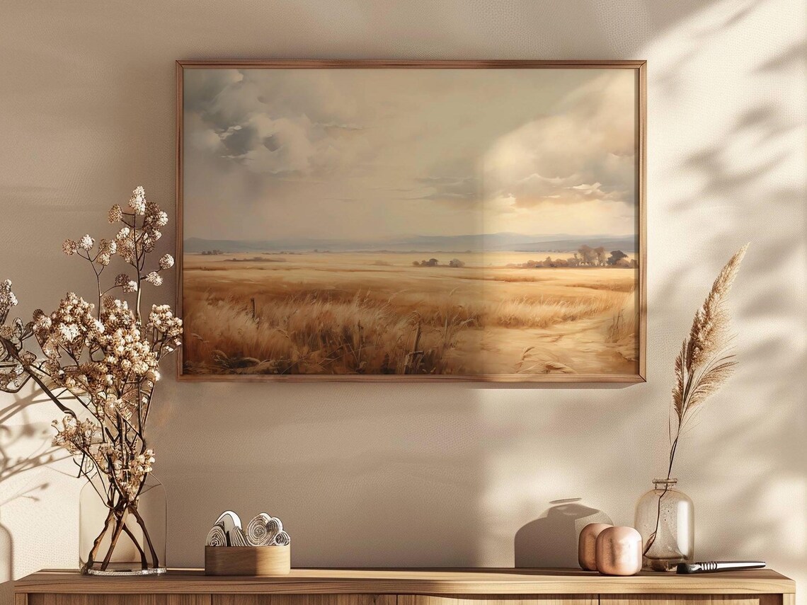 Golden Wheat Field Under Dramatic Cloudy Sky Minimalist Landscape Wall Art - Image 2