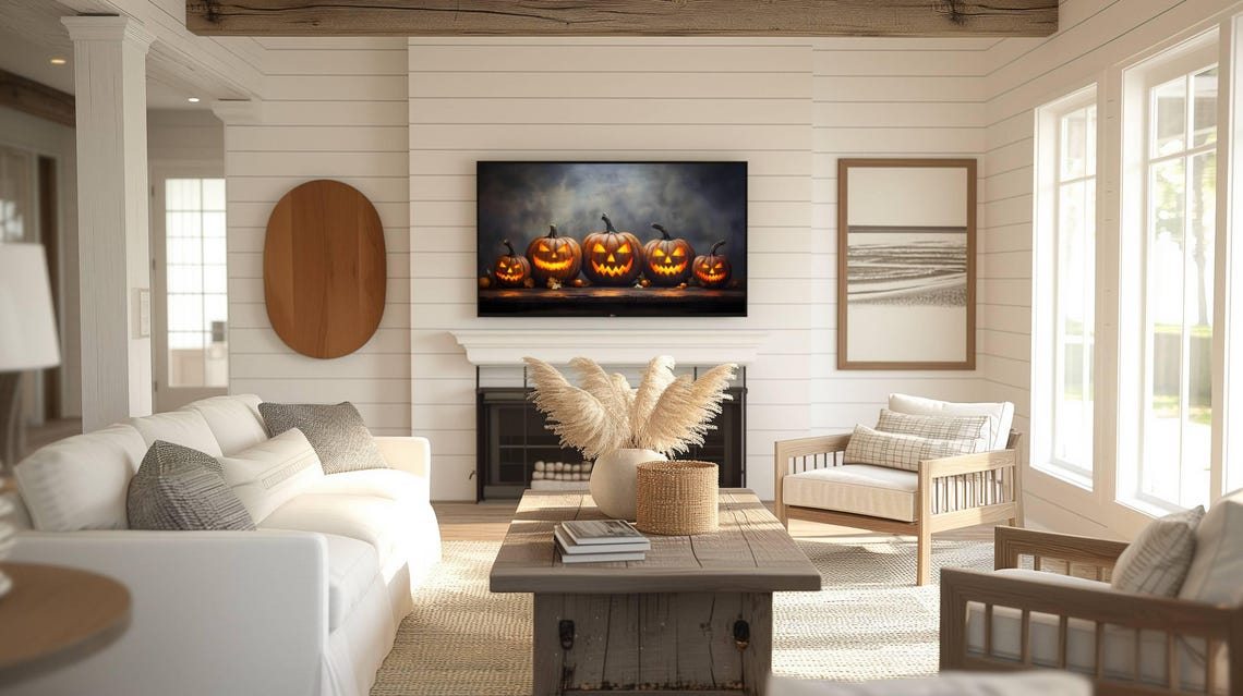 Five Glowing Jack O Lanterns Dark Wooden Shelf Halloween Poster - Image 2