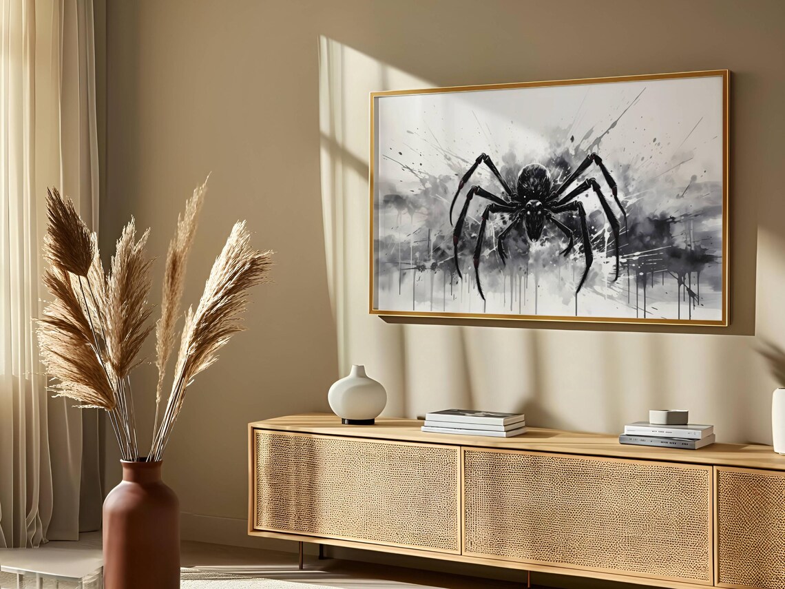Giant Black Spider Ink Splash Monochrome Creepy Halloween Poster - Image 2